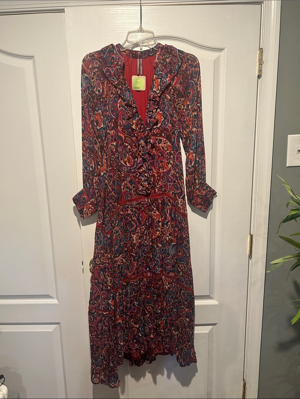 Anthropologie Red Paisley Ruffle-Front Long Sleeve Midi Dress